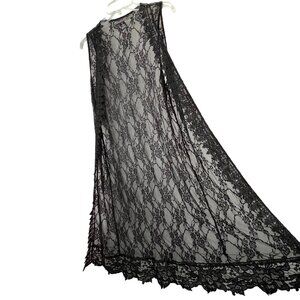 Black Lace Duster Cardigan Long Open Front Sleeveless size M Whimsygoth Fairy